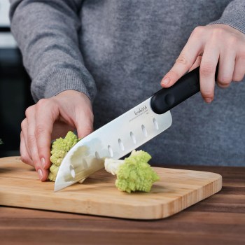 Nóż santoku, japoński nóż kuchenny, nóż kuchenny do krojenia warzyw i owoców, nóż Trebonn, nóż kuchenny czarny
